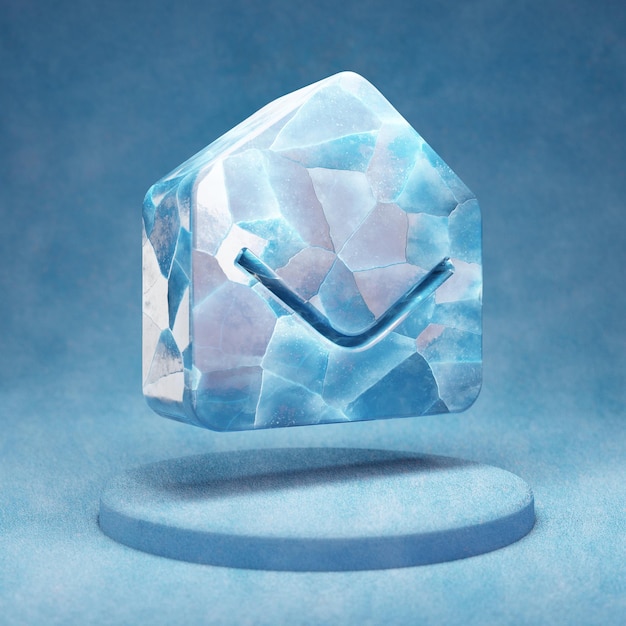 Busta aperta icona. Simbolo blu incrinato della busta di ghiaccio aperta sul podio blu della neve. Icona social media per sito Web, presentazione, elemento modello di design. Rendering 3D.