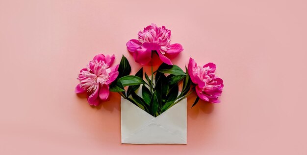 Busta bianca con peonie rosa all'interno su un modello di sfondo rosa per newsletter e altra posta