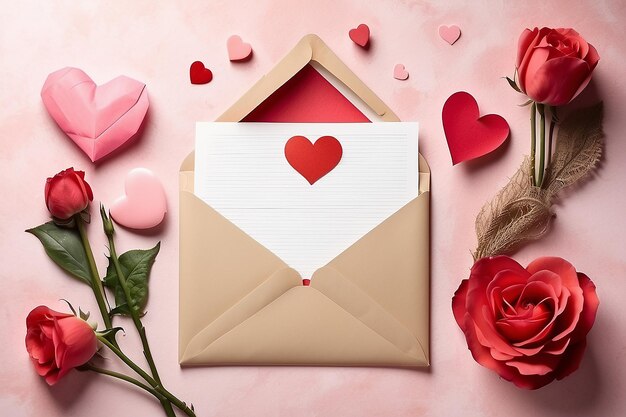 Busta con biglietto di San Valentino su sfondo di carta