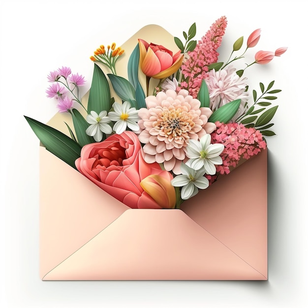 Busta con composizione realistica di fiori con immagine isolata di un mazzo di fiori di lettera rosa aperta