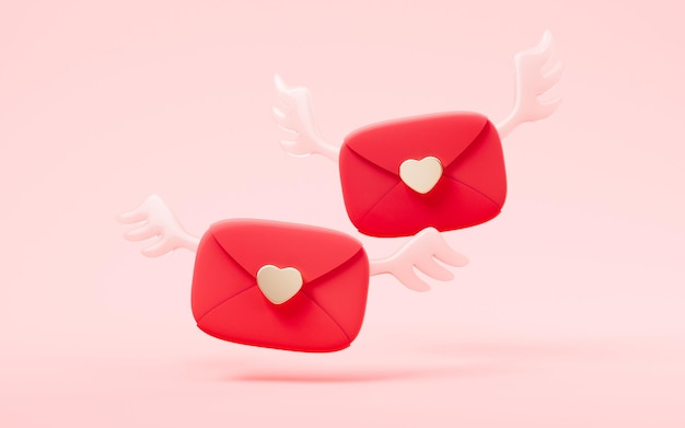 Busta con cuore d'amore con rendering 3d di colore rosso