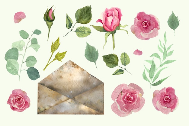 Busta con illustrazione ad acquerello di fiori Disegno ad acquerello di una busta con rose su sfondo bianco