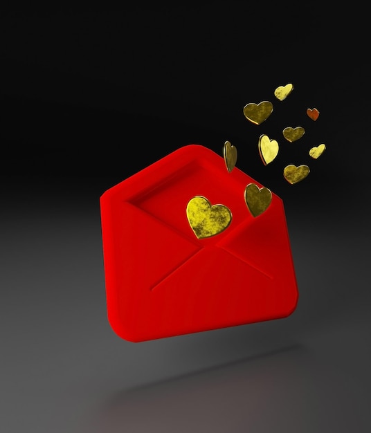 Busta rossa con cuori dorati, rendering 3d.