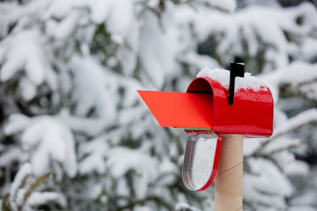 Busta rossa nella cassetta delle lettere in una neve vicino al pino in inverno