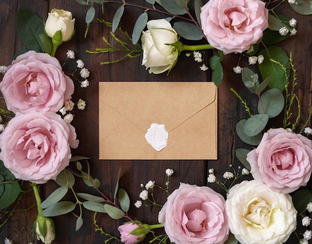 Busta sigillata tra rose rosa e crema su legno marrone vista dall'alto matrimonio mockup