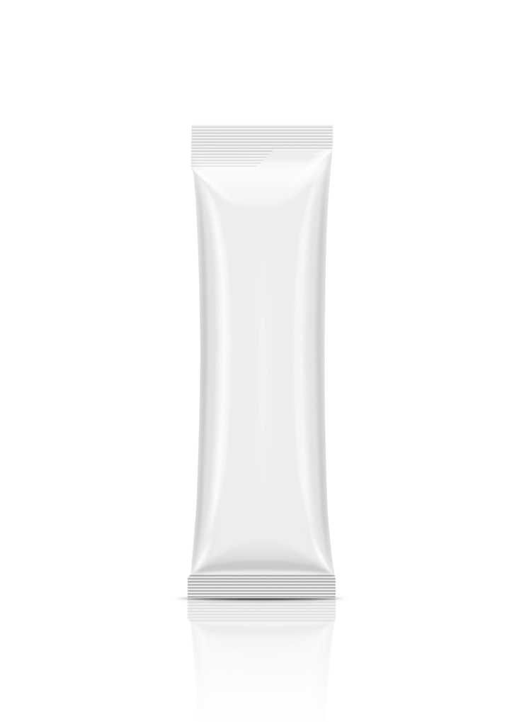 Foto bustina in foglio di alluminio bianco con imballaggio vuoto per mock-up di design di prodotti per caffè istantaneo isolato su sfondo bianco con percorso di ritaglio