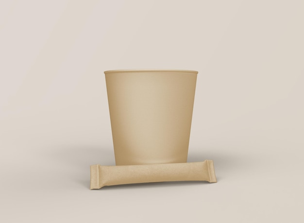 Bustina lunga Kraft con mockup di tazza di carta. Bustina Kraft lunga isolata e tazza di carta. rappresentazione 3d