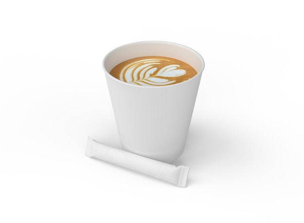 Bustina stick con mockup di tazza di caffè. Bustina di bastone isolata e tazza di caffè. rappresentazione 3d