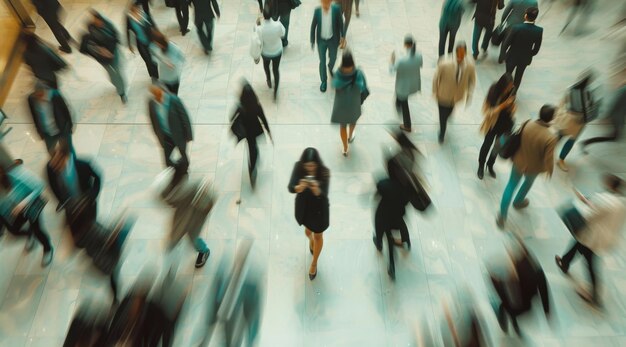 Busy motion blur e uomini d'affari in città per camminare al lavoro nell'ora di punta alla velocità di viaggio della metropolitana