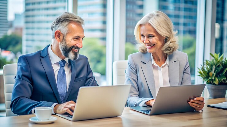 busy professional smiling businessman and business