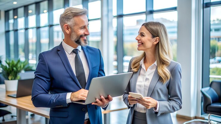 busy professional smiling businessman and business