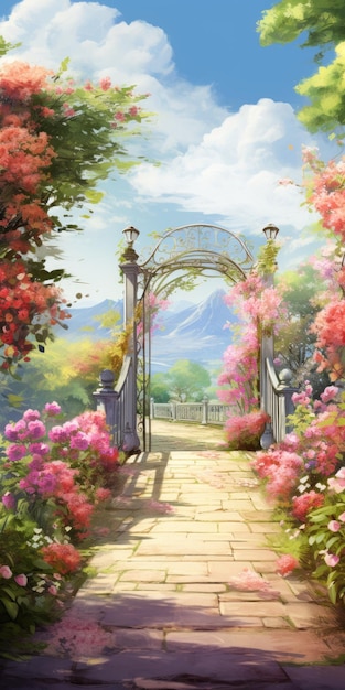 Butterfly Garden Walkway Una spettacolare opera d'arte dell'anime con colori vivaci