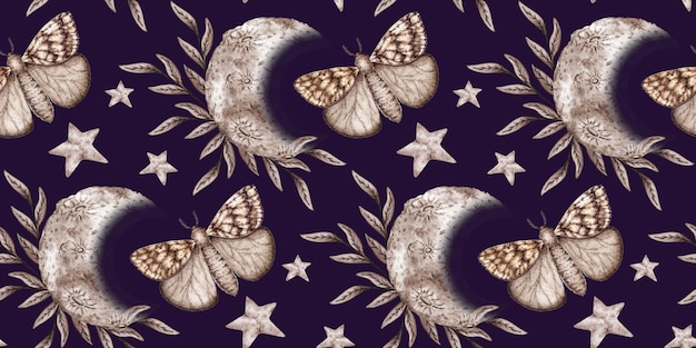 butterfly moon stars and grass in brown and beige tones on a blue background watercolor illustration the cosmic body is isolated astrology of moon phases design concept for poster card banner
