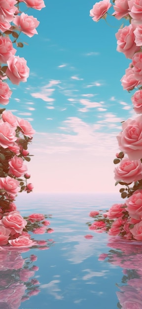 c'è l'immagine di un albero di rose rosa con ai che generano acqua