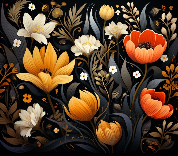 c'è l'immagine di un disegno floreale con fiori arancioni e bianchi generativi ai