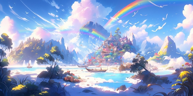 c'è l'immagine di un'isola fantastica con un arcobaleno nel cielo che genera ai