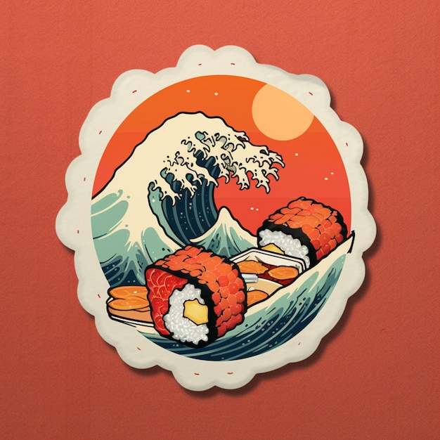 C'è un adesivo con l'immagine di un'onda e sushi generativo ai