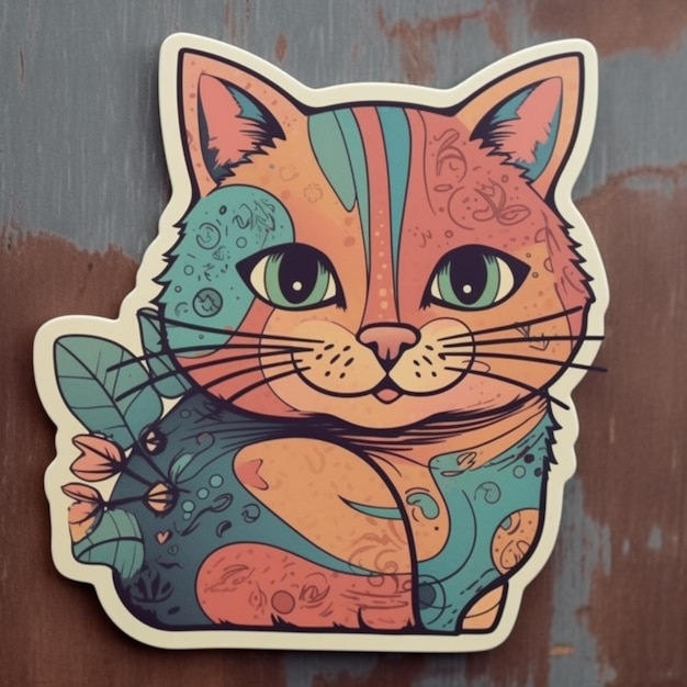 c'è un adesivo di un gatto con un disegno blu e arancione generativo ai