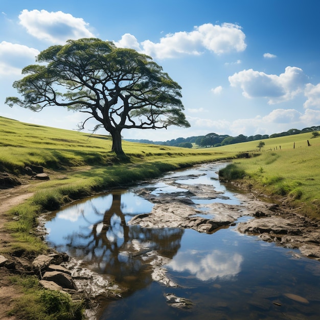 c'è un albero che è in piedi nel mezzo di un campo generativo ai