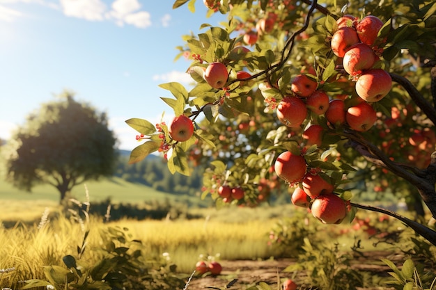 C'è un albero con molte mele rosse che crescono su di esso generativo ai