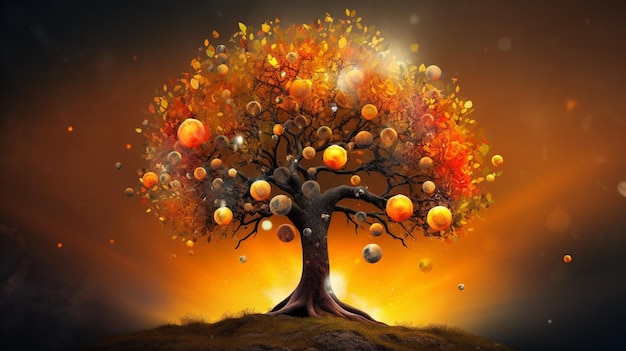 C'è un albero con molti palloncini arancioni e gialli in esso generativo ai