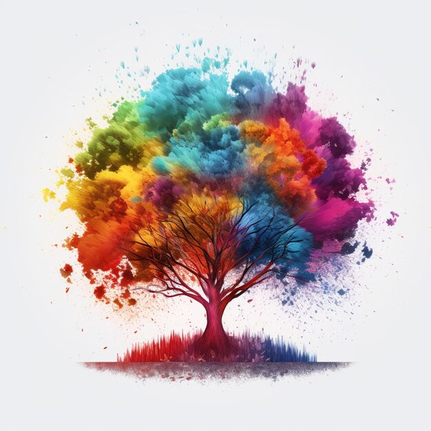 C'è un albero con vernice colorata su di esso nel mezzo di un campo generativo ai