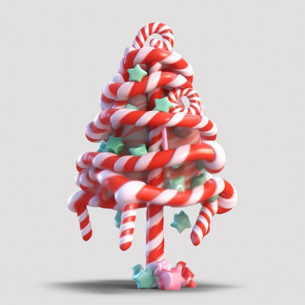 C'è un albero di caramelle fatto di bastoncini di zucchero su un tavolo generativo ai