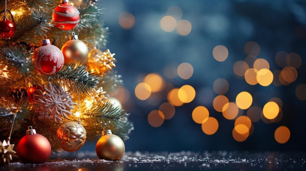 c'è un albero di Natale con ornamenti e luci sullo sfondo ai generativo