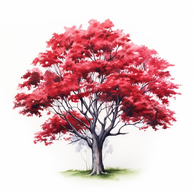 C'è un albero rosso con foglie rosse su di esso generativo ai