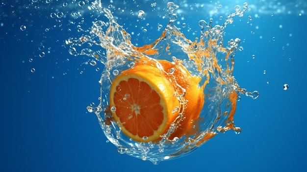 C'è un'arancia che viene lasciata cadere in acqua da uno splash generative ai
