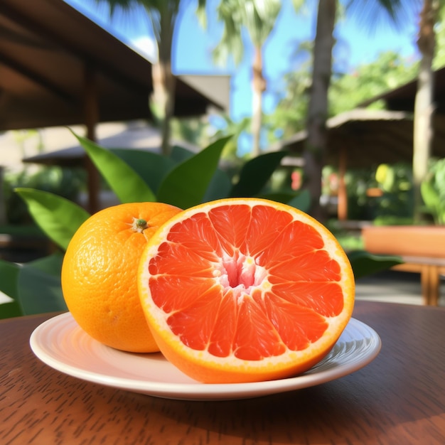 C'è un'arancia Sunkist fresca sul tavolo del caffè.