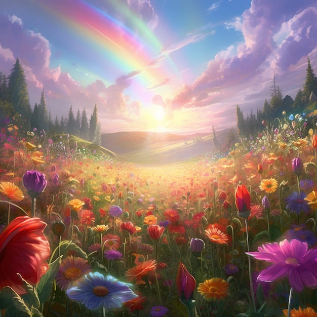 C'è un arcobaleno nel cielo sopra un campo di fiori generativi ai