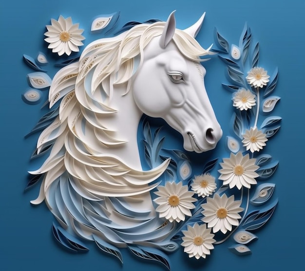 C'è un'arte di carta di un cavallo con fiori sullo sfondo generativo ai