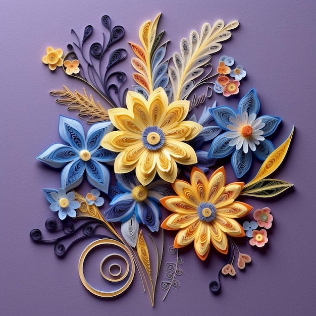 c'è un'arte di carta di un mazzo di fiori su una superficie viola ai generativa