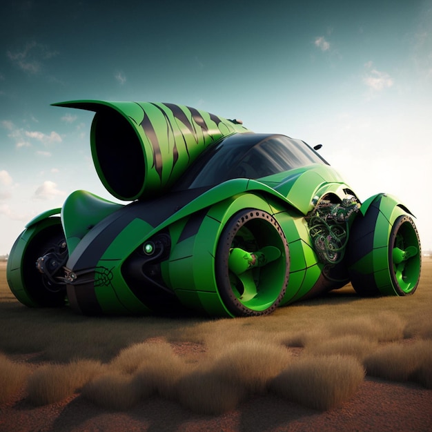 c'è un'auto verde con un grande motore nell'intelligenza artificiale del deserto