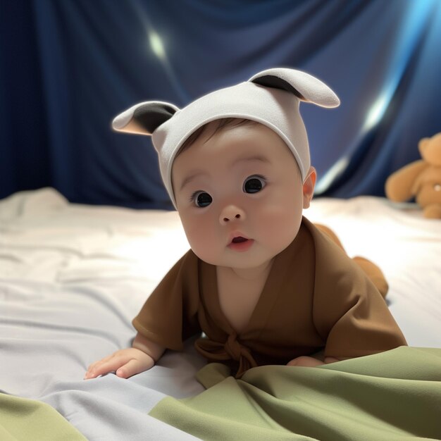 C'è un bambino che indossa un costume di coniglio su un letto generativo ai