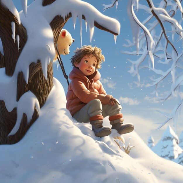 C'è un bambino seduto su un ramo d'albero nella neve generativa ai