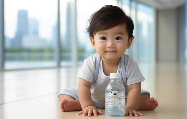 C'è un bambino seduto sul pavimento accanto a una bottiglia di acqua generativa ai