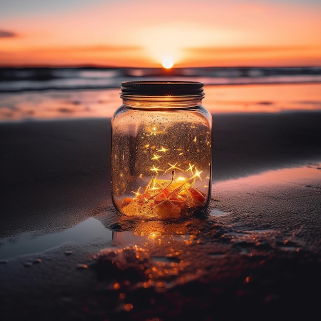 c'è un barattolo con una serie di luci sulla spiaggia ai generativa