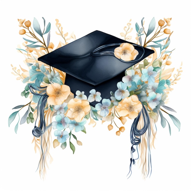 c'è un berretto da laurea nero con una nappa e fiori ai generativi