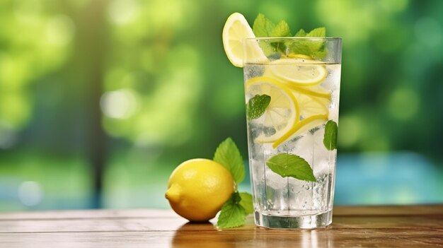 C'è un bicchiere d'acqua con fette di limone e foglie di menta generativa ai