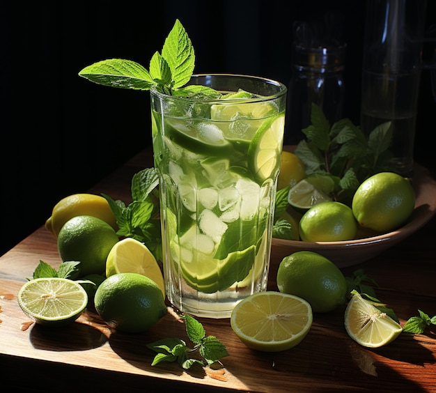 c'è un bicchiere d'acqua con lime e foglie di menta generativo ai