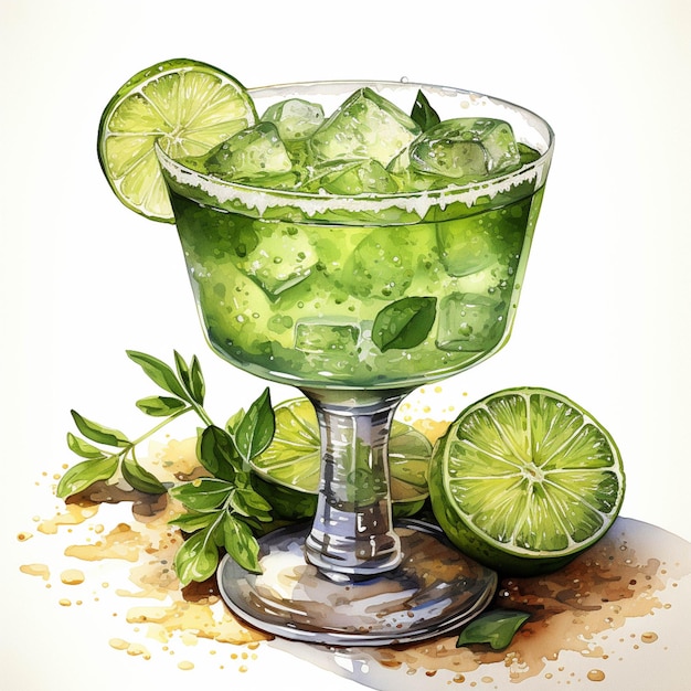 C'è un bicchiere di bevanda verde con fette di lime e ghiaccio generativo ai
