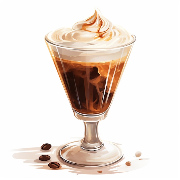 C'è un bicchiere di caffè con panna montata e chicchi di caffè generativi ai