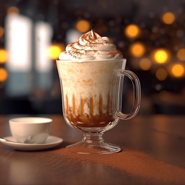 C'è un bicchiere di caffè con panna montata su di esso generativo ai