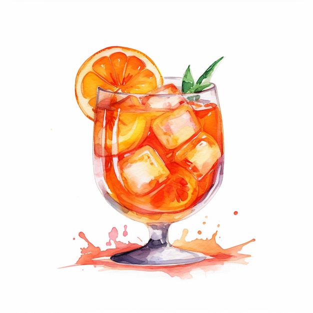 C'è un bicchiere di succo d'arancia con cubetti di ghiaccio e una fetta di arancia generativa ai