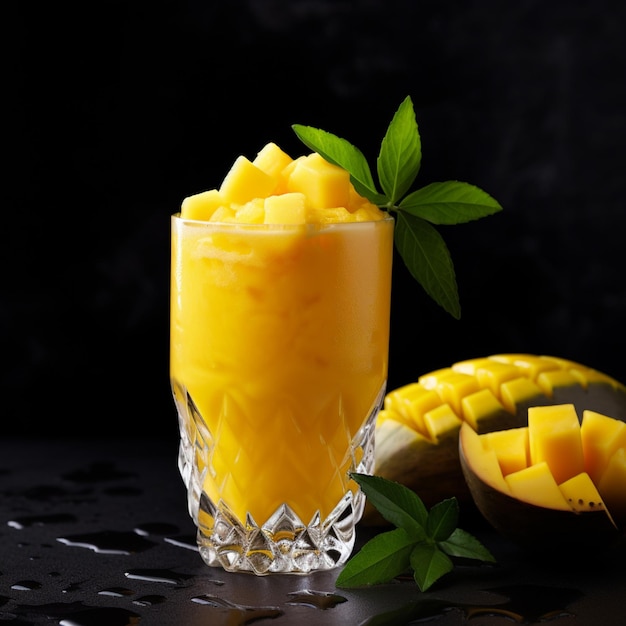 C'è un bicchiere di succo di mango con una fetta di mango generativo ai
