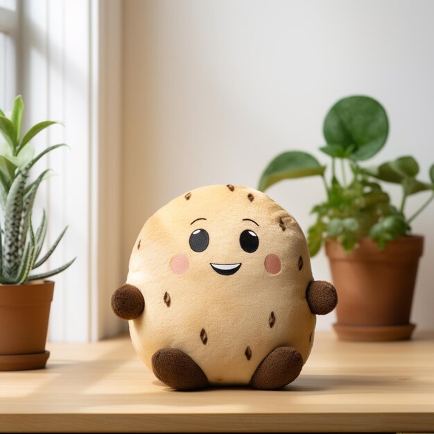 C'è un biscotto ripieno seduto su un tavolo accanto a una pianta in vaso generativa ai