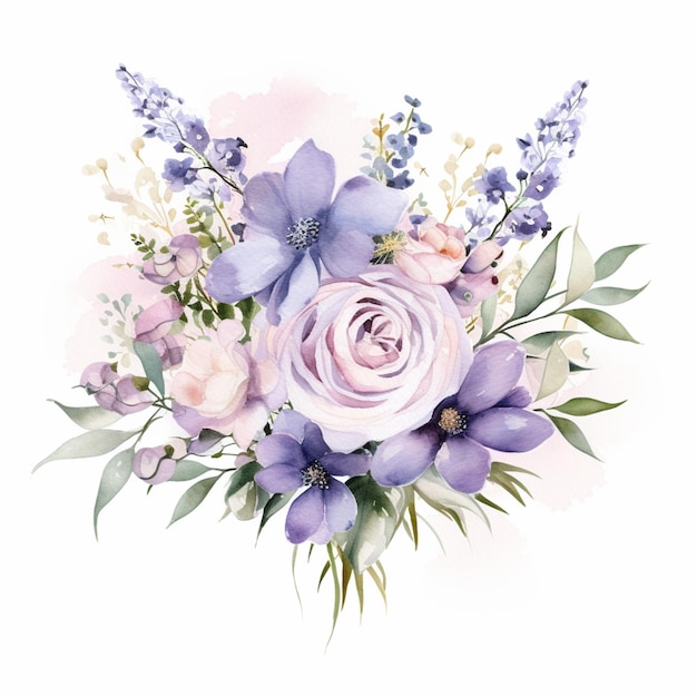C'è un bouquet di fiori con fiori viola e bianchi generativo ai