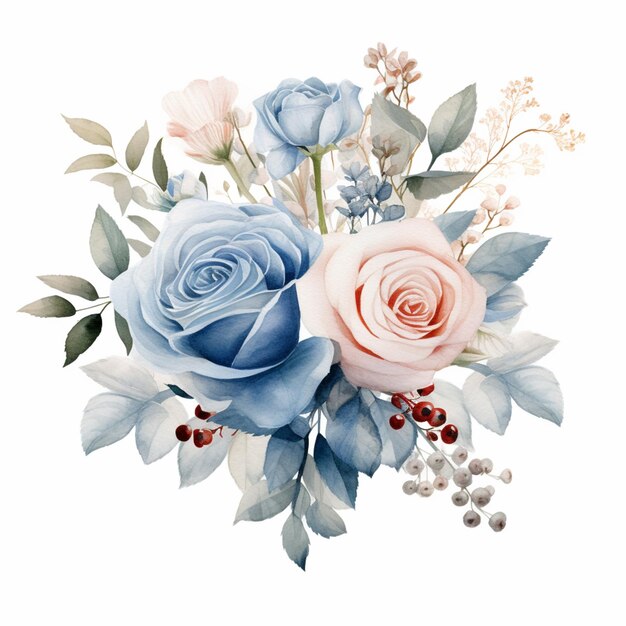 c'è un bouquet di fiori con rose blu e rosa generativa ai